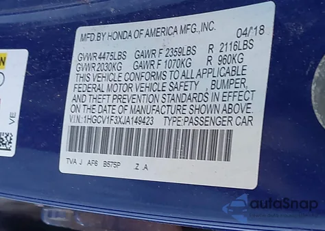 2018 Honda Accord Sport z USA, uszkodzony, nr VIN 1HGCV1F3XJA149423